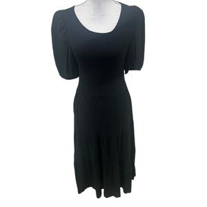 Nation Black Scoop Neck Midi Dress Puff Sleeves smock top tiered skirt Medium
